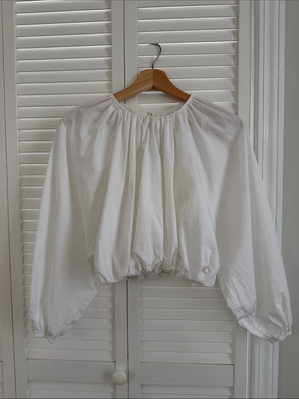 Maeve White Gathered-Neck Long Sleeve Blouson Top